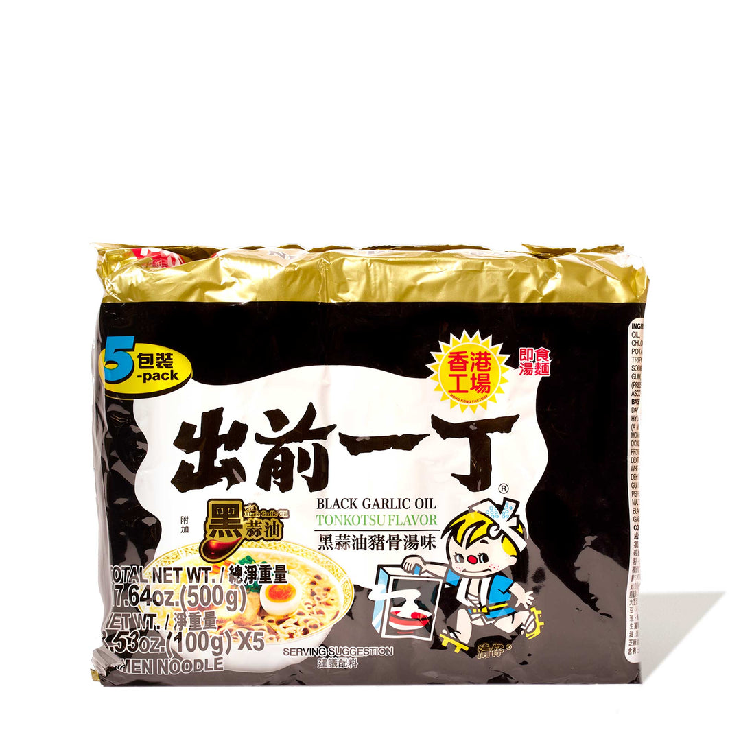 A package of Nissin Hong Kong Style Instant Ramen: Black Garlic Oil Tonkotsu (5-pack) on a white background.