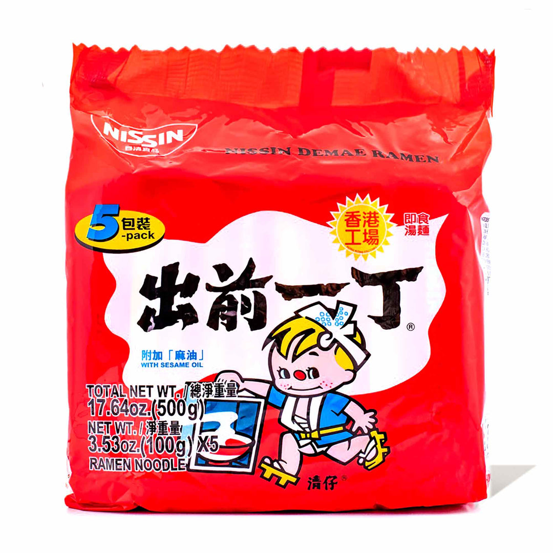 A bag of Nissin Hong Kong Style Instant Ramen: Sesame (5-pack) with a child on it.