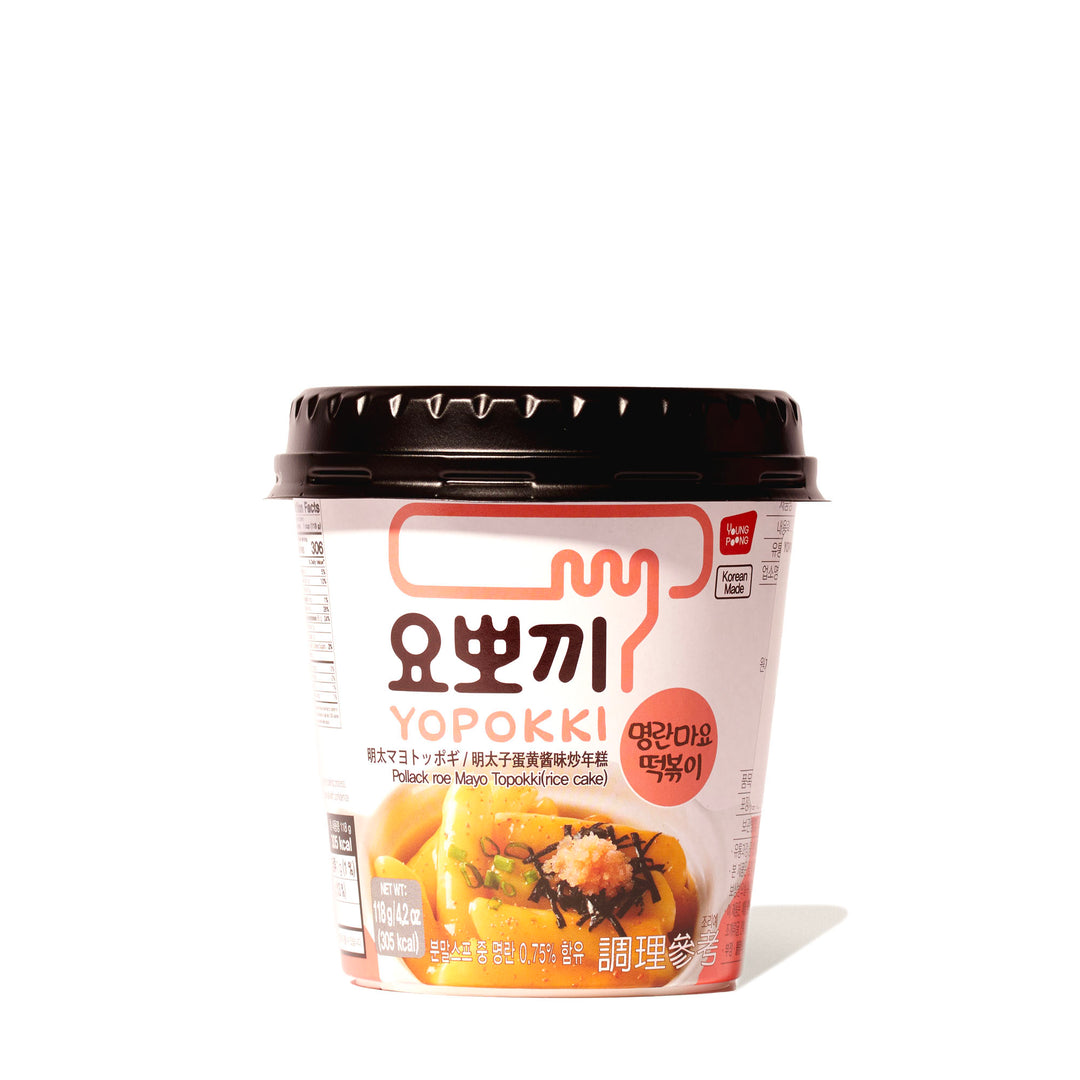 A Yopokki Instant Tteokbokki Rice Cake Cup: Mentaiko Pollock Roe Mayo with noodles in it.