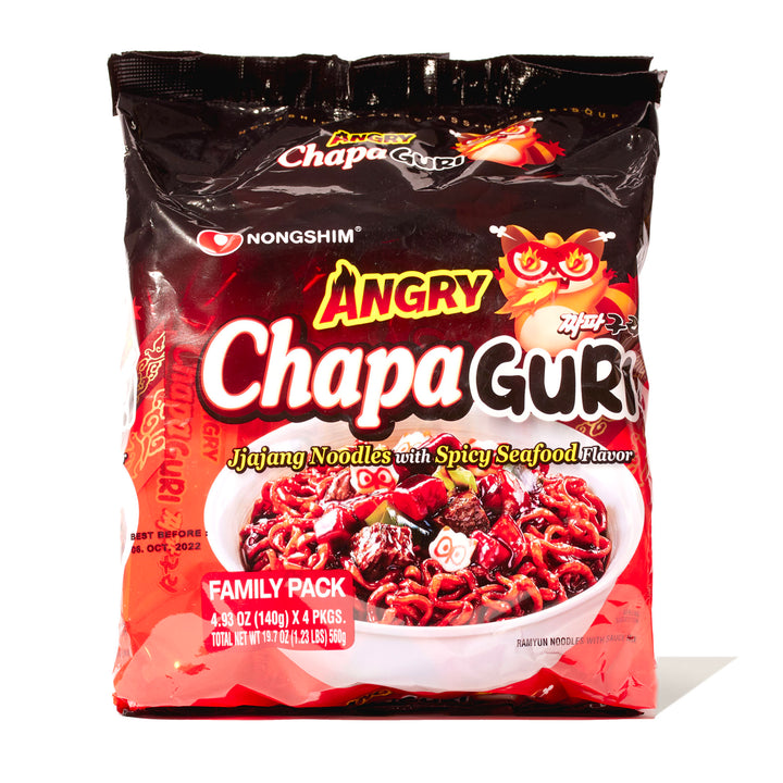 A bag of Nongshim Angry Chapaguri: Spicy Seafood Flavor (4-pack) on a white background.