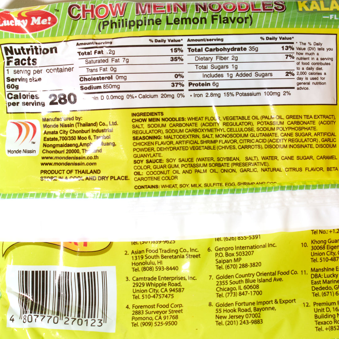 A package of Lucky Me Pancit Canton Instant Noodles: Kalamansi on a white background.