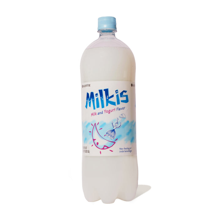 A bottle of Lotte Milkis Soft Drink is shown on a white background.