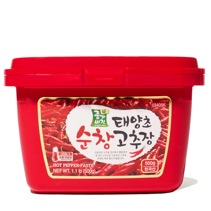 Jonggavision Gochujang Hot Pepper Paste in a plastic container.