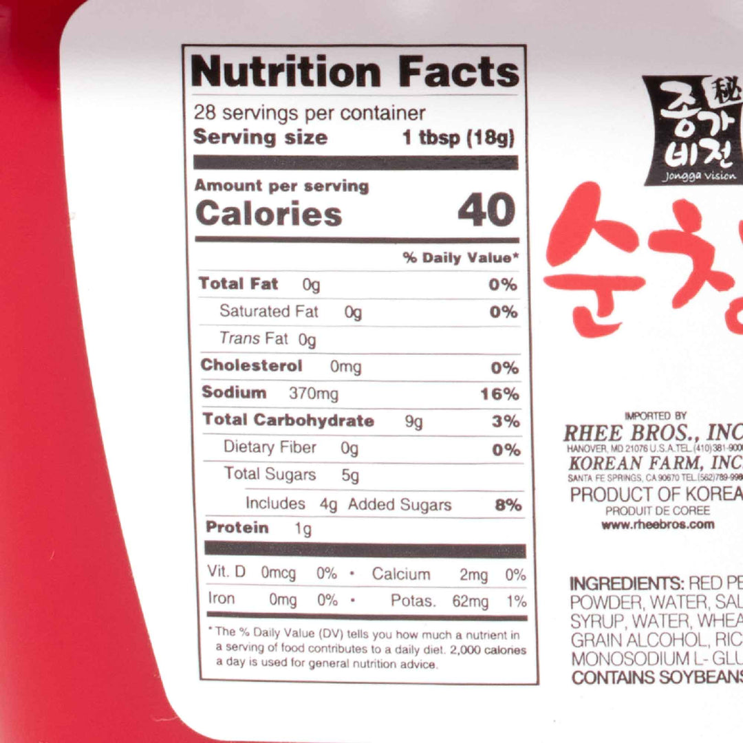 The nutrition facts label for Jonggavision Gochujang Hot Pepper Paste, a Korean kimchi.
