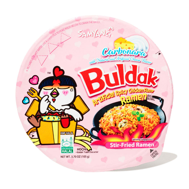 A box of Samyang Buldak Ramen Bowl: Carbo Hot Chicken with an image of a chicken.