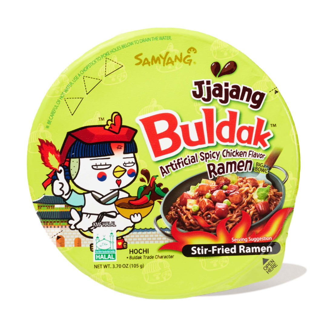 Samyang Buldak Ramen Bowl: Jjajang Hot Chicken with chicken.