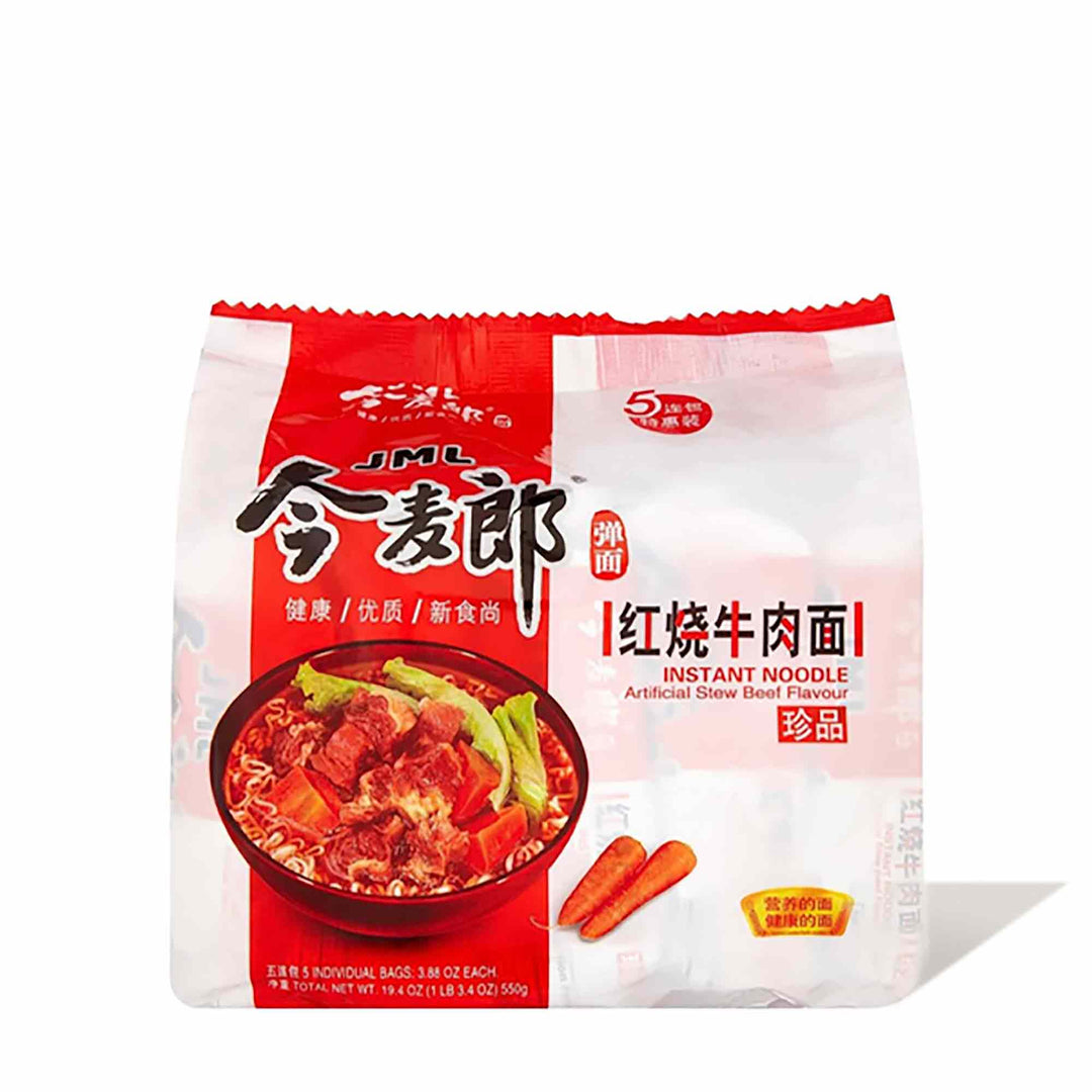 A bag of JML Beef Stew Noodle (5-pack) with carrots.
