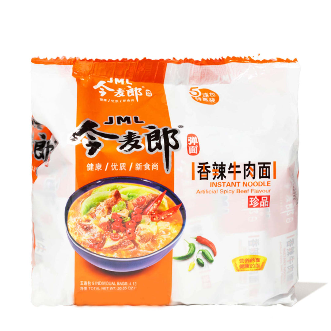 A bag of JML Spicy Beef Noodle (5-pack) by JML Jinmailang on a white background.