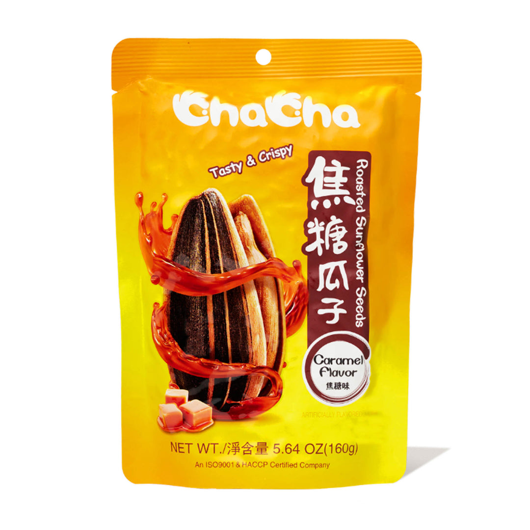 A pouch of ChaCha Sunflower Seeds: Caramel with a chinese character on it.
