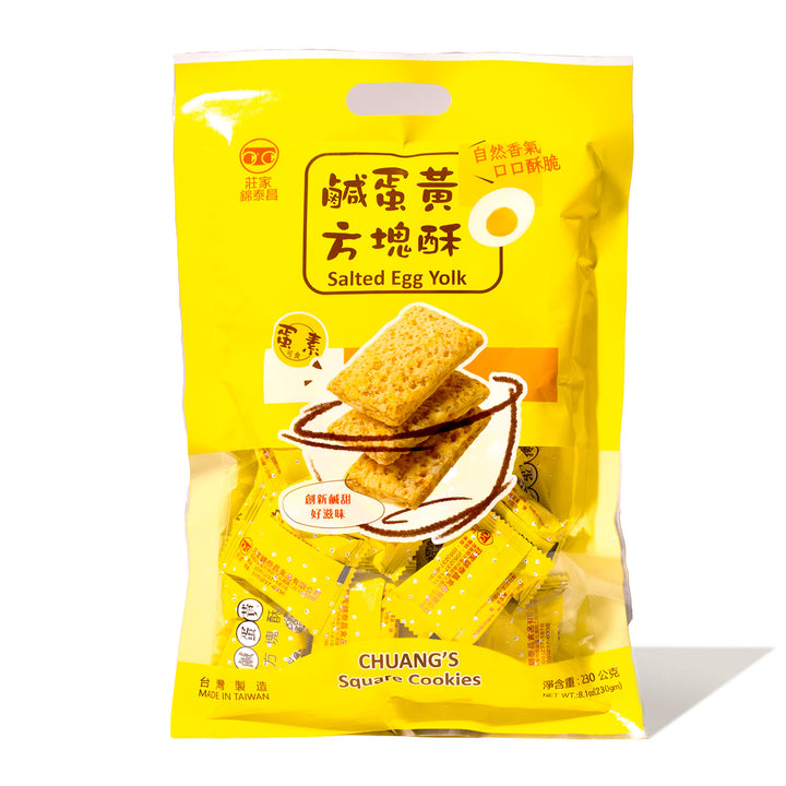 A bag of Chuang Jia Salty Yolk Square Crispy Cookies on a white background.
