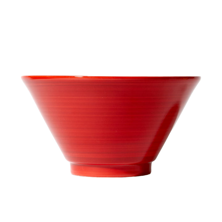 A Tall Red Ramen Bowl by Korin on a white background.