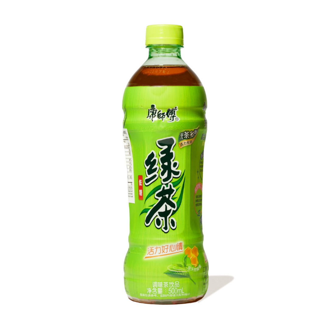 A bottle of Master Kong Iced Jasmine Green Tea on a white background.
