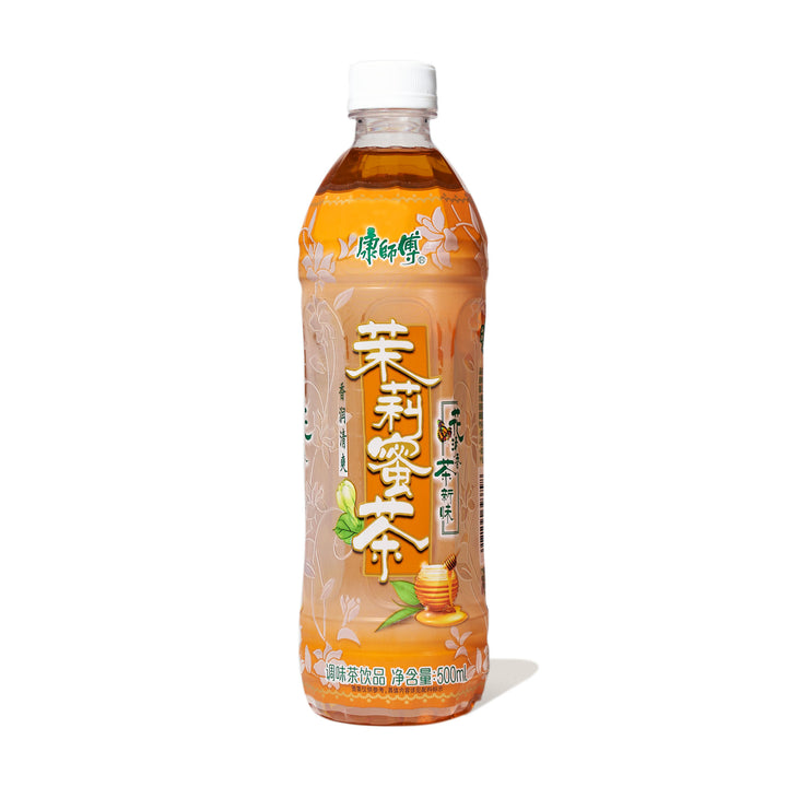 A bottle of Master Kong Iced Jasmine Honey Green Tea with chinese writing on it.