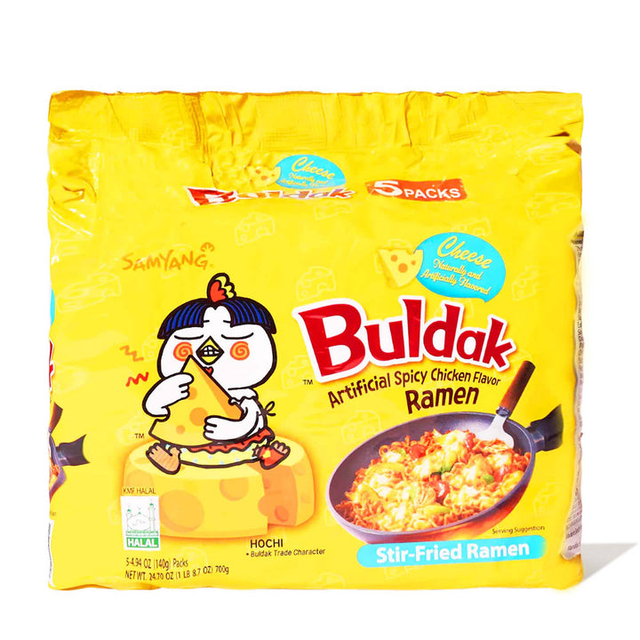 A bag of Samyang Buldak Ramen: Hot Chicken Cheese (5-pack) with an image of a chicken.