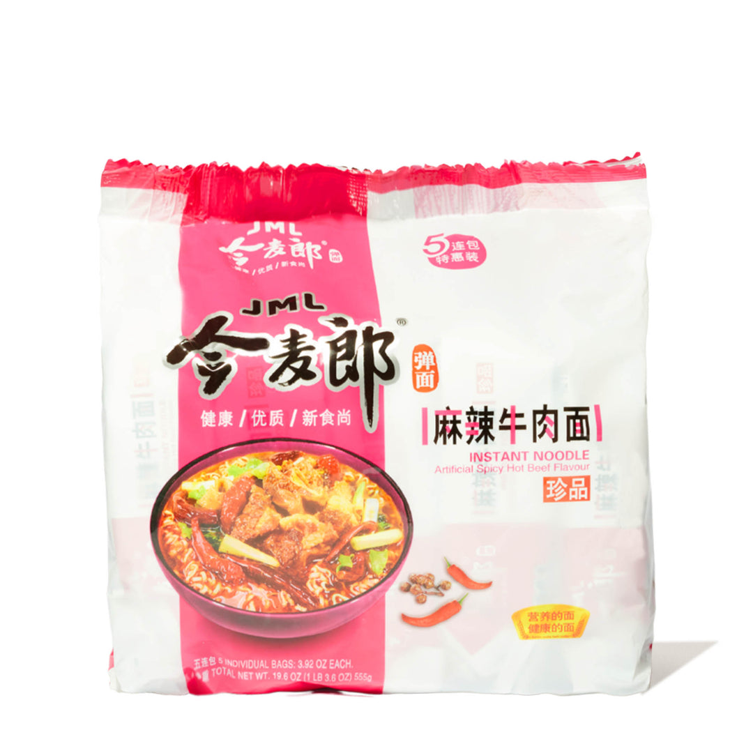 A bag of JML Spicy Mala Beef Noodle (5-pack) on a white background.