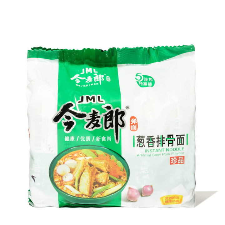 A bag of JML Green Onion Pork Chop Stew Noodle (5-pack) on a white background.