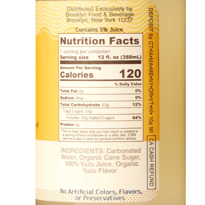 A label showing the nutrition facts of a bottle of Moshi Sparkling Juice Drink: Original Yuzu.