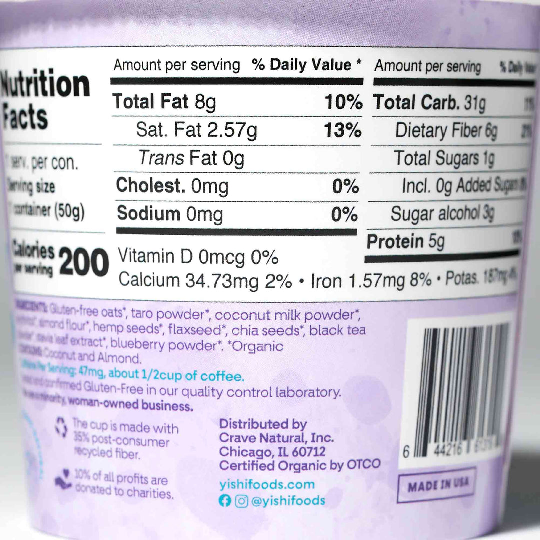 The back of a Yishi Oatmeal Cup: Taro Bubble Tea showing the nutrition facts.