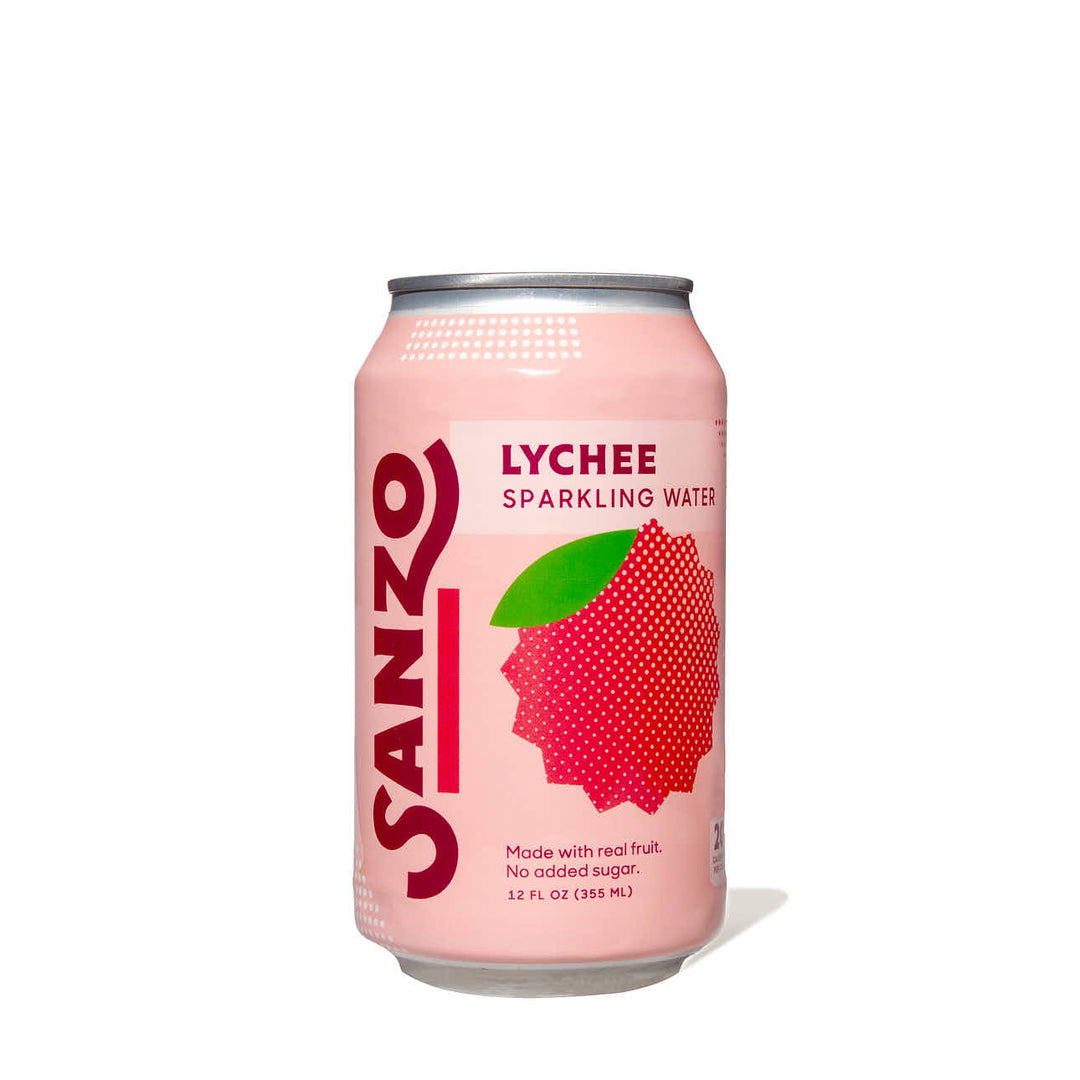 A can of Sanzo Sparkling Water: Lychee on a white background.
