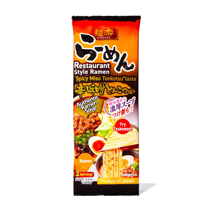 A package of Hikari Menraku Ramen: Spicy Miso Tonkotsu (2 Servings) on a white background.