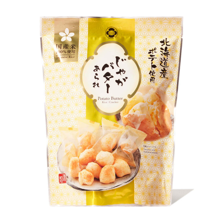A bag of Morihaku Jaga Butter Arare Crackers on a white background.