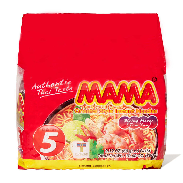 A package of Mama Thai Instant Noodles: Shrimp Tom Yum (5-pack) on a white background.