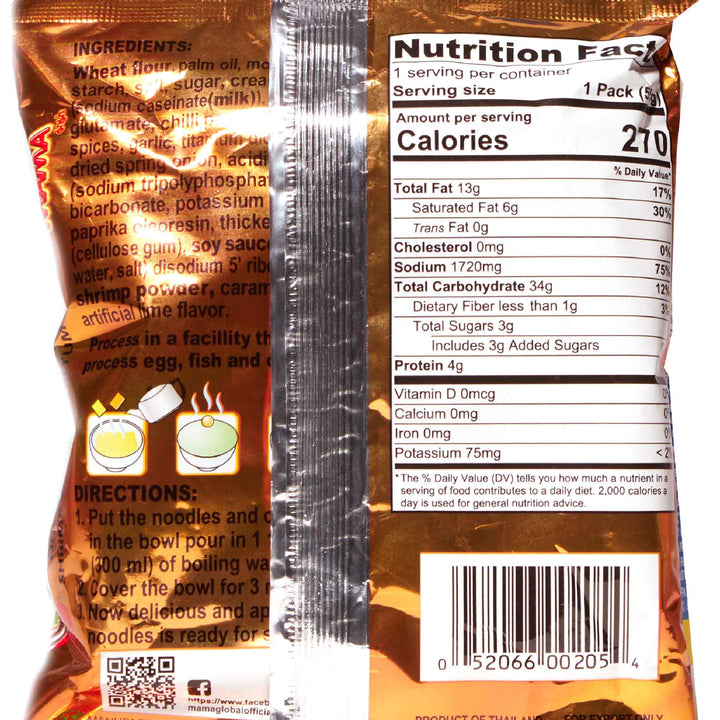A bag of Mama Thai Instant Noodles: Shrimp Creamy Tom Yum with nutrition information on it.