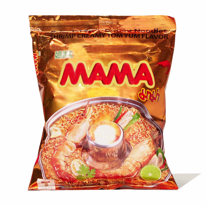 A bag of Mama Thai Instant Noodles: Shrimp Creamy Tom Yum on a white background.