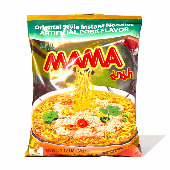A bag of Mama Thai Instant Noodles: Pork on a white background.