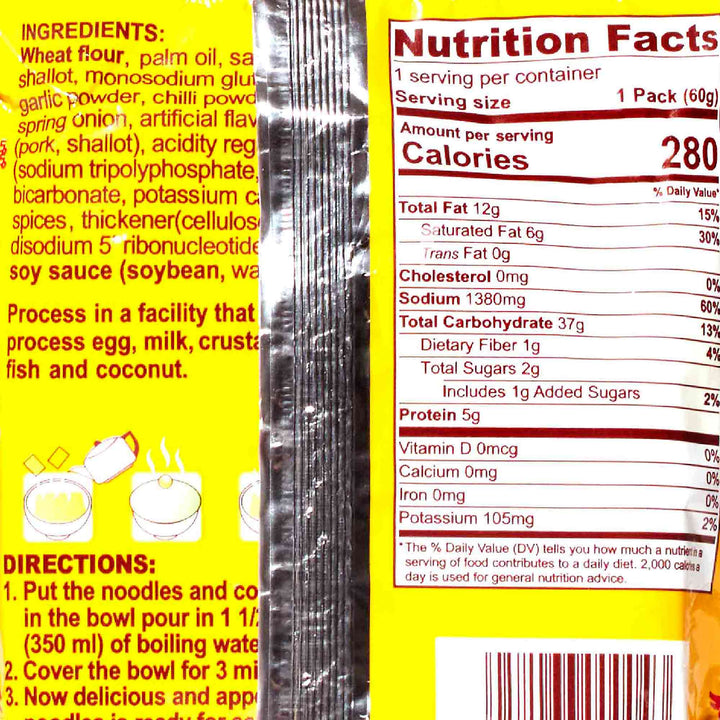 The back of a nutrition label for a packet of Mama Thai Instant Noodles: Pork.