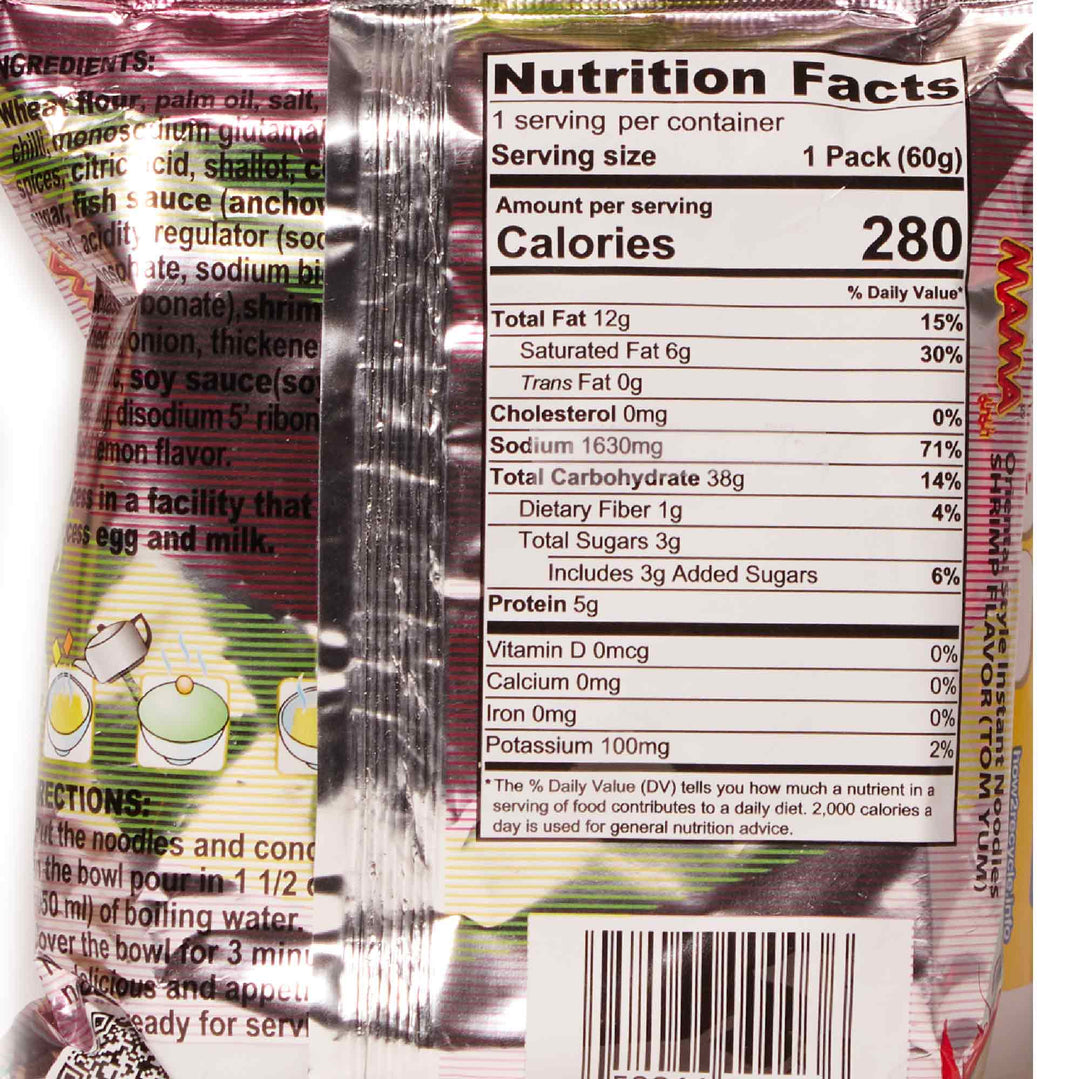 An image of a bag of Mama Thai Instant Noodles: Shrimp Tom Yum with nutrition facts on it.