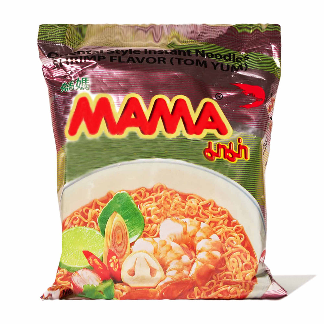 A bag of Mama Thai Instant Noodles: Shrimp Tom Yum on a white background.