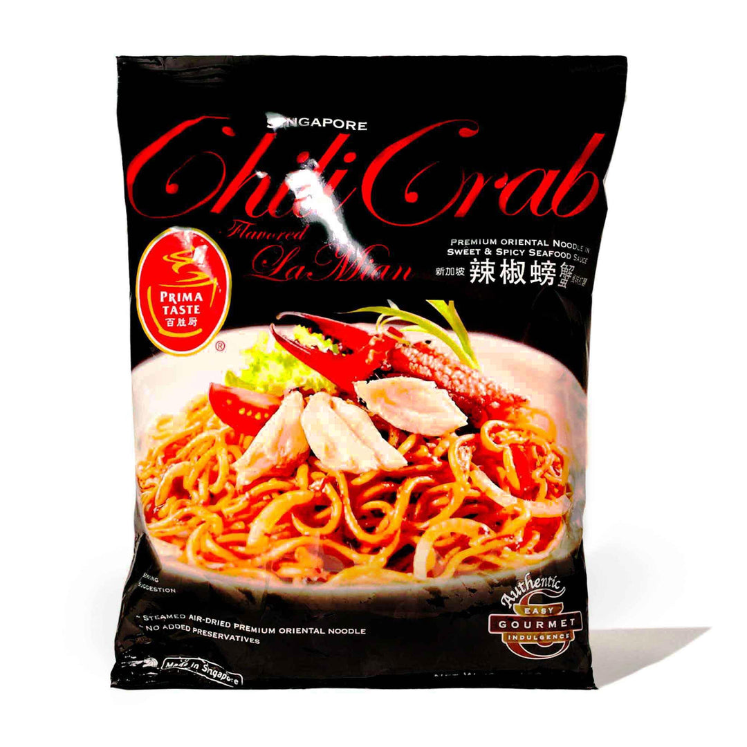 A bag of Prima Taste Singapore Noodles: Chilli Crab La Mian on a white background.