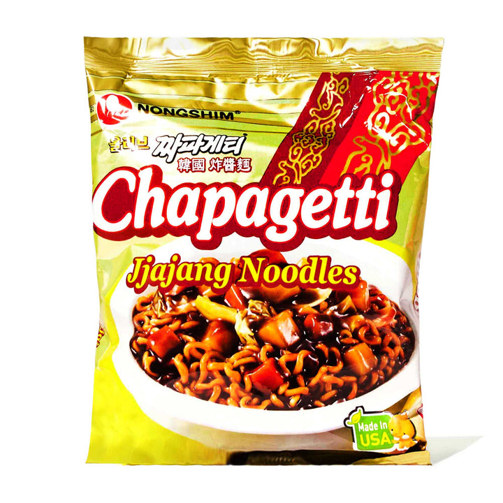 A bag of Nongshim Chapagetti noodles on a white background.