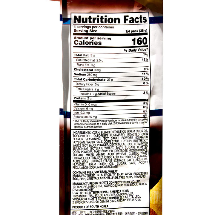 A nutrition label for a bag of Lotte Kokkalcorn Popping Corn Chips: Grilled Corn.