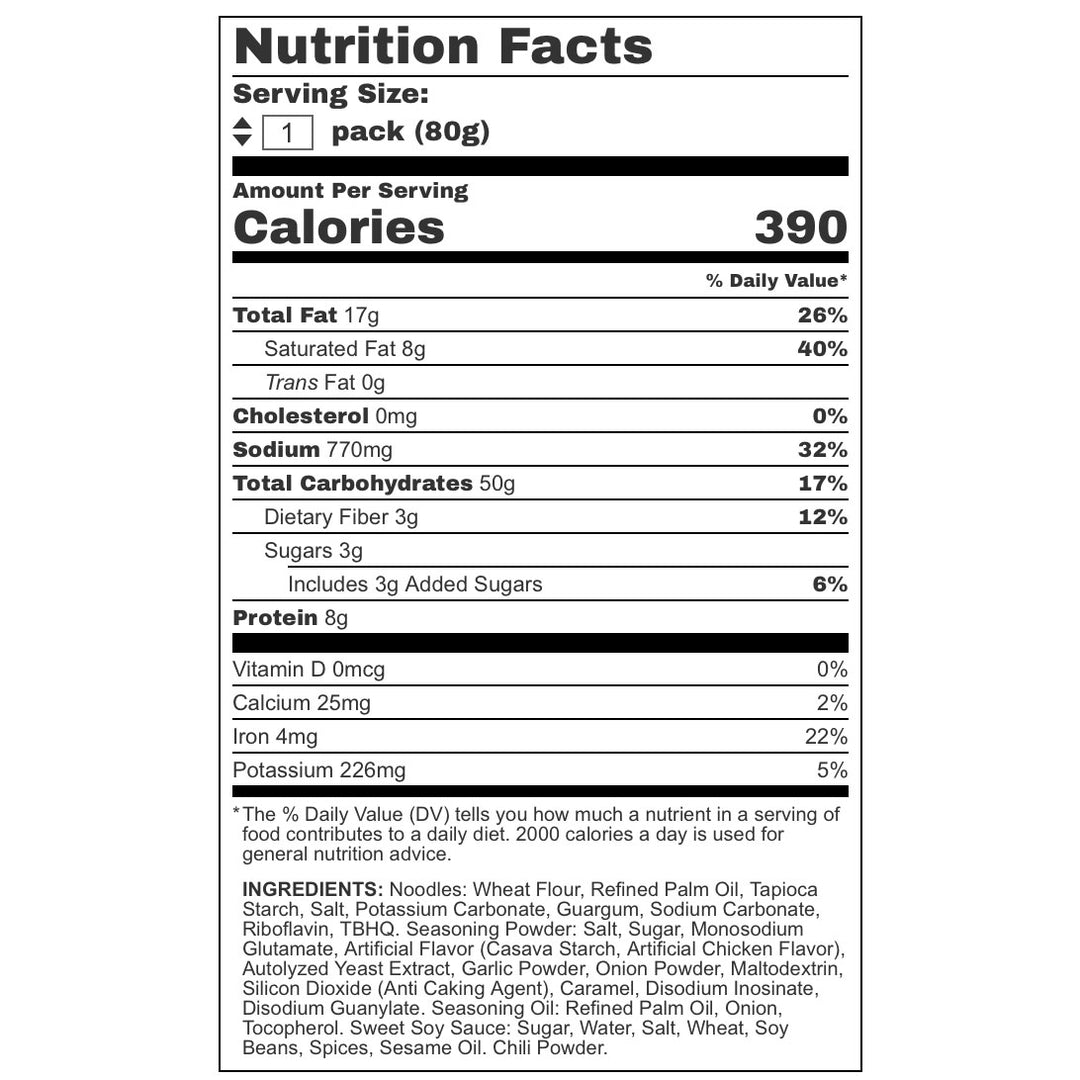 A nutrition label for Indomie Instant Noodles: Hot & Spicy Fried Mi Goreng (5-pack) by Indomie.