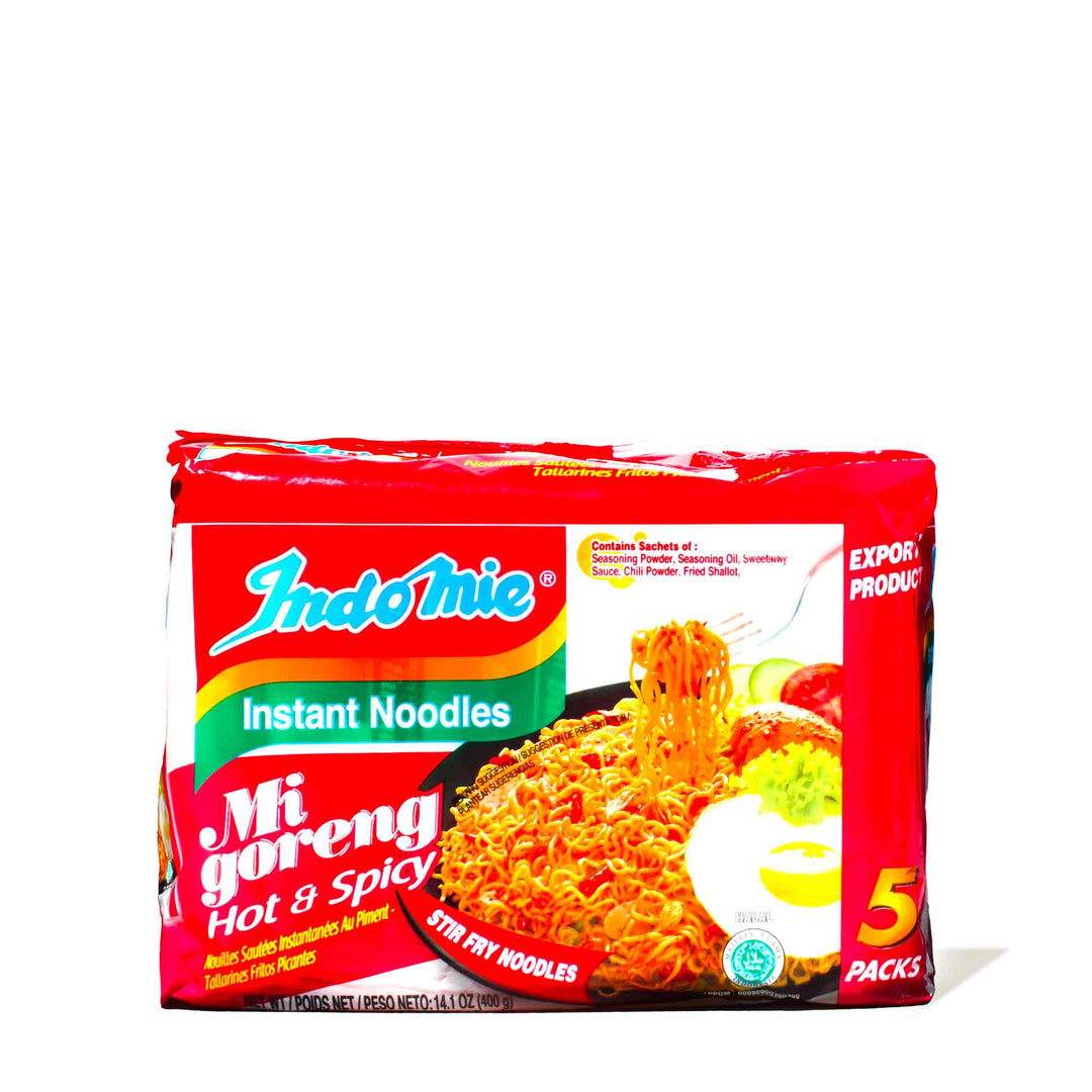 An image of a box of Indomie Instant Noodles: Hot & Spicy Fried Mi Goreng (5-pack) on a white background.