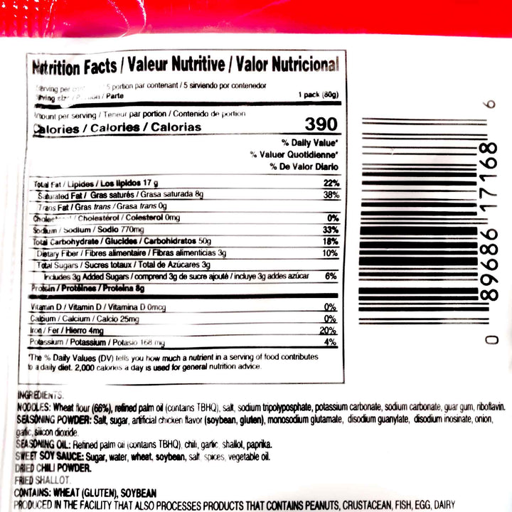 The back of a nutrition label for an Indomie Instant Noodles: Hot & Spicy Fried Mi Goreng (5-pack) candy bar.