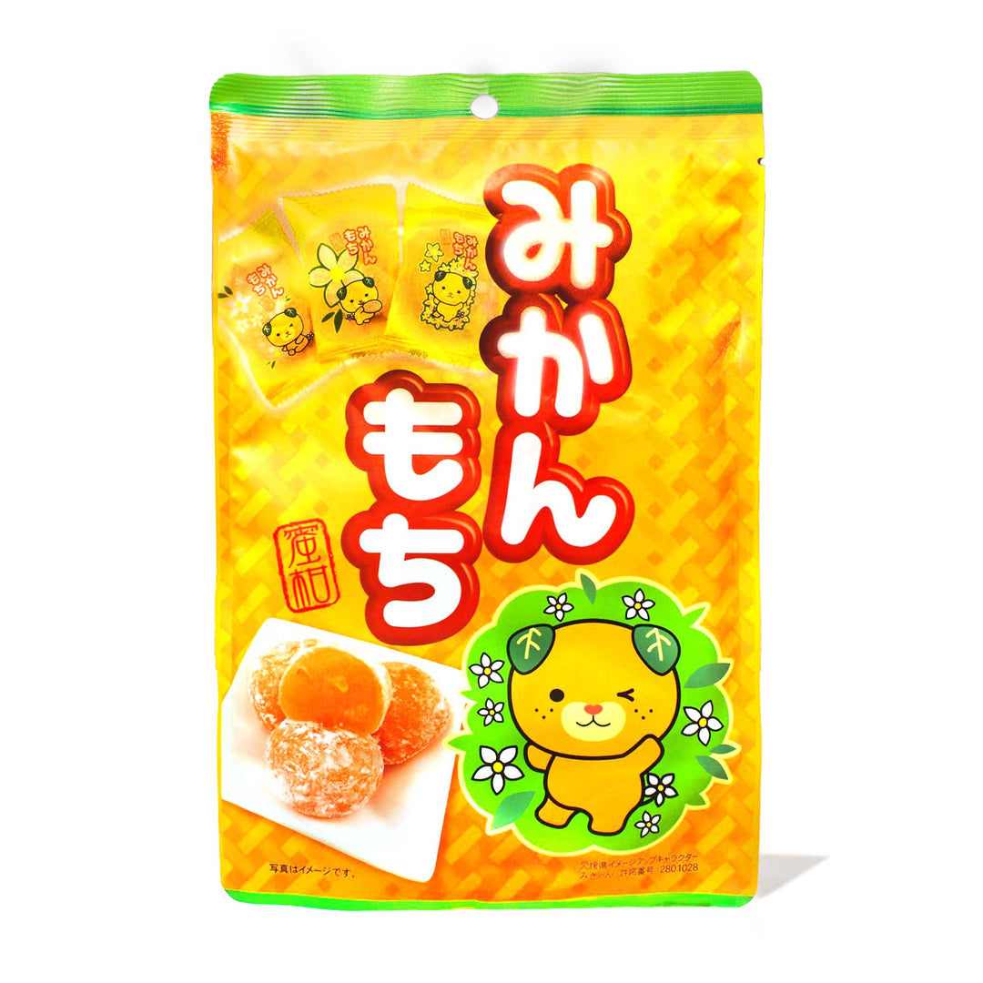 A bag of Seiki One-Bite Mochi: Mikan Orange sweets with a kawaii character on it.