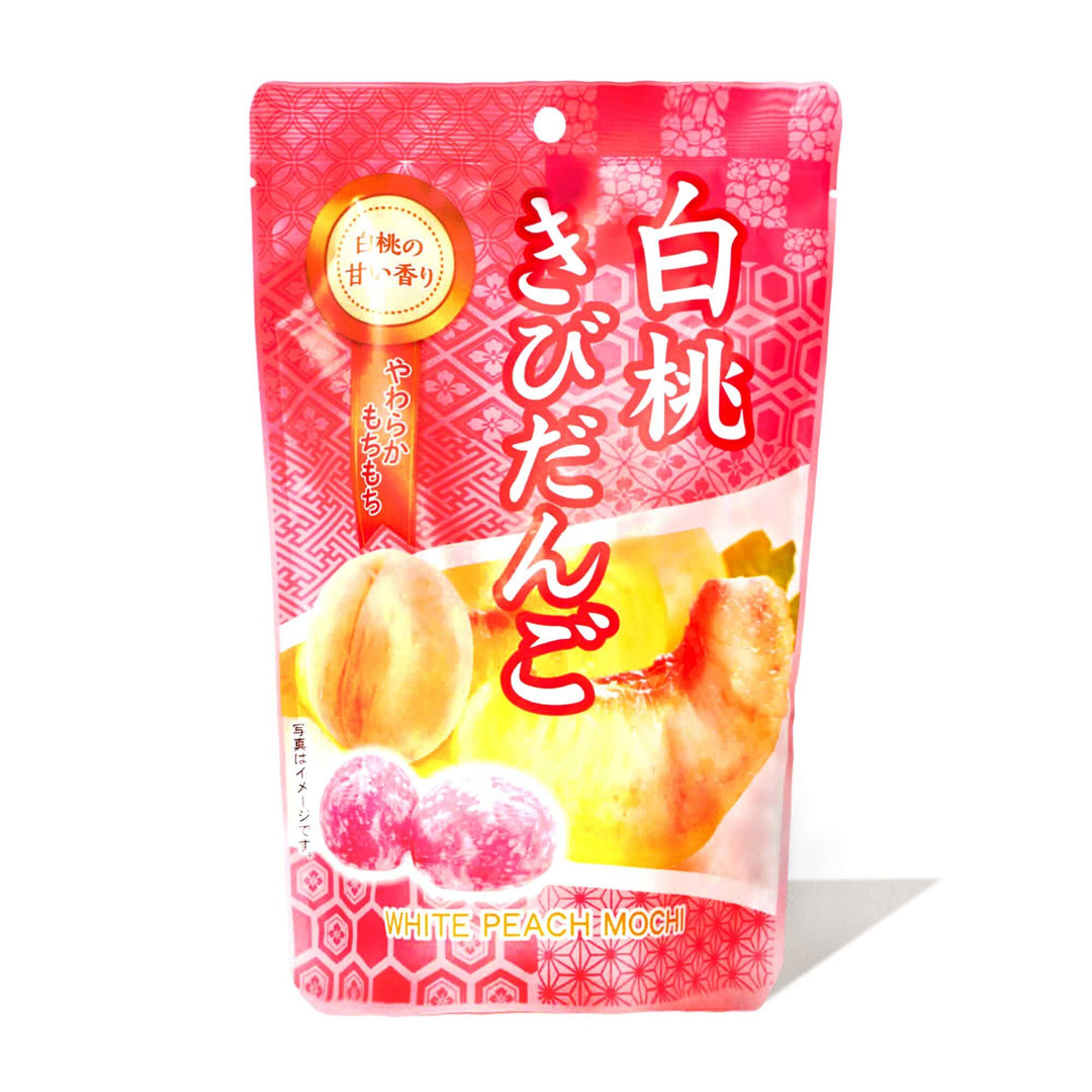 Seiki One-Bite Mochi: White Peach by Seiki, Japanese sweets in a pouch on a white background.