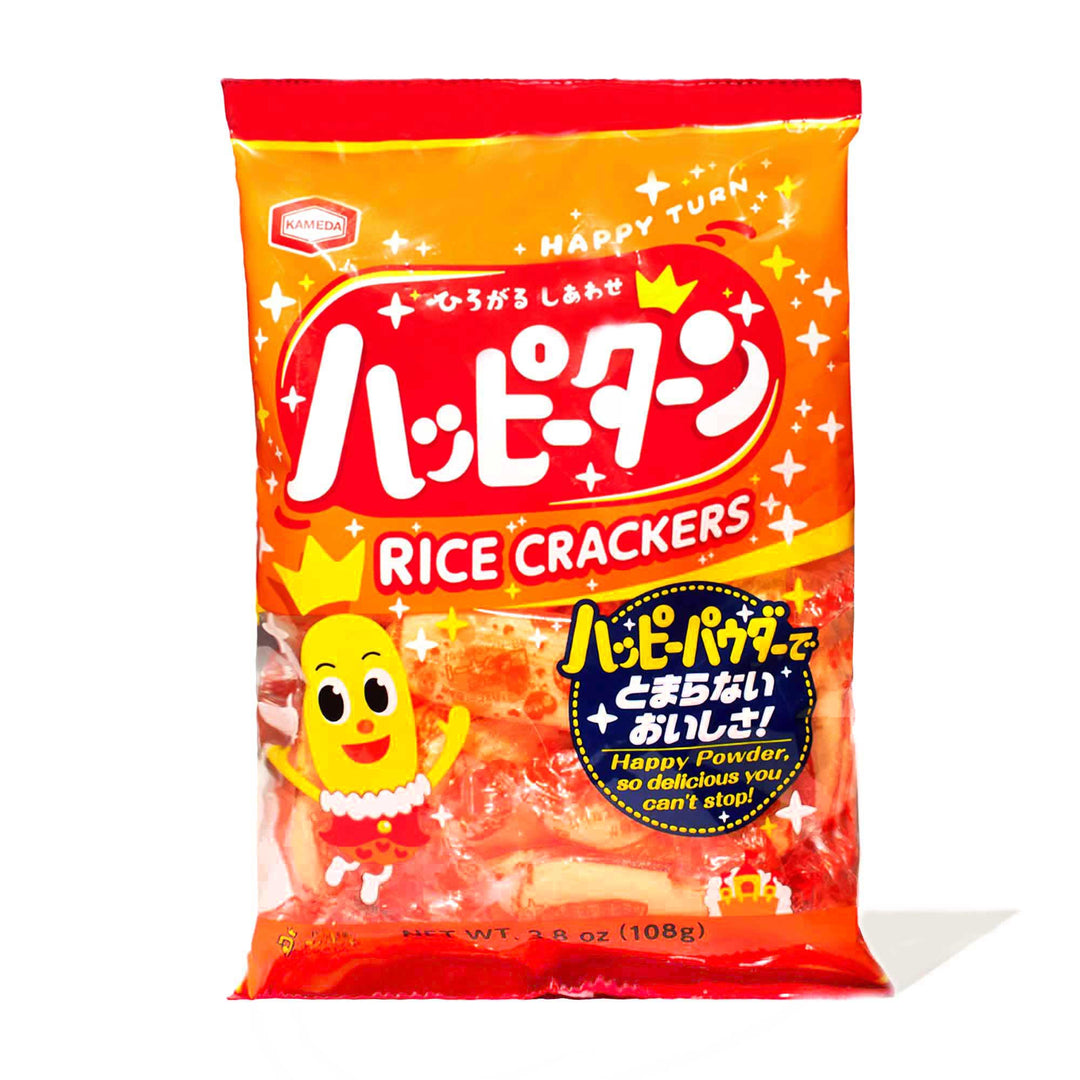 A bag of Kameda Happy Turn Rice Crackers on a white background.