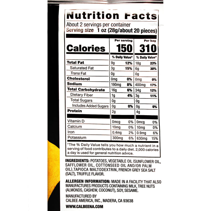 A Calbee My Pote Potato Chips: White Truffle nutrition facts label on a white background.