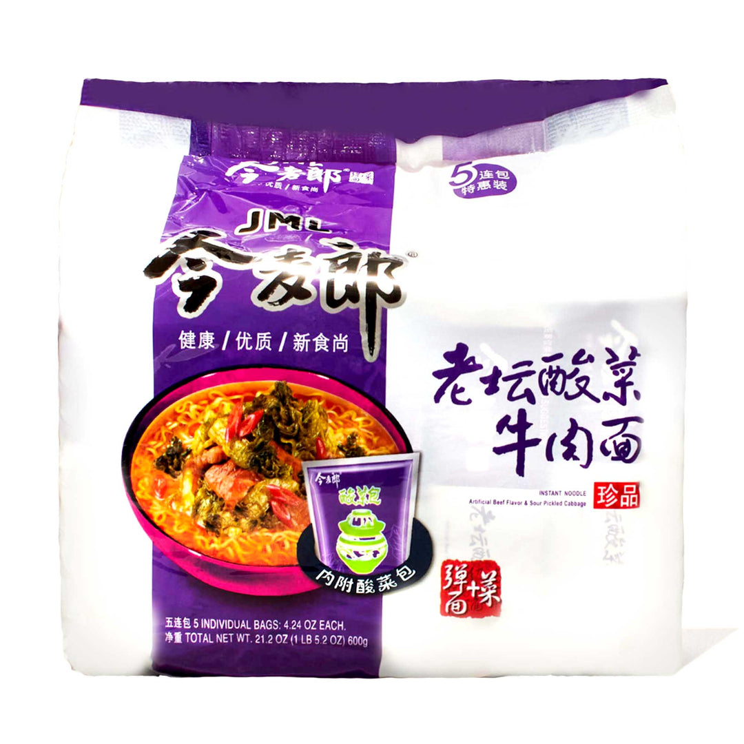 A bag of JML Beef and Pickled Cabbage Noodles (5-pack) with chinese characters on it.