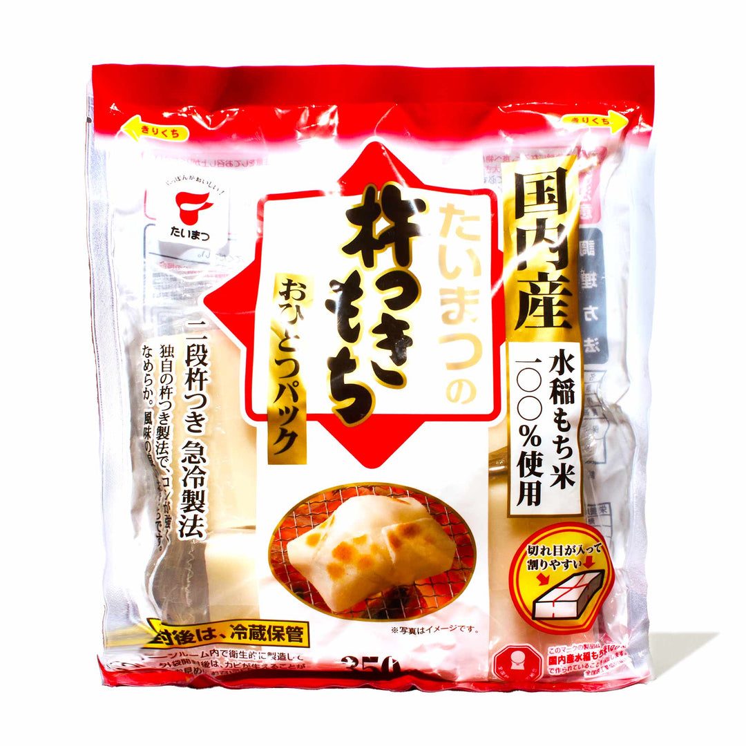 A bag of Taimatsu Shokuhin Kinetsuki Mochi Rice Cake with a label on it.