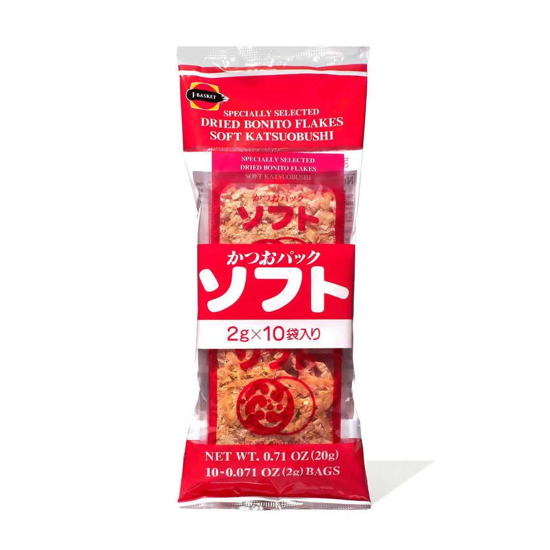 A bag of J-Basket Katsuobushi Bonito Flakes (10 servings) with a red and green label.