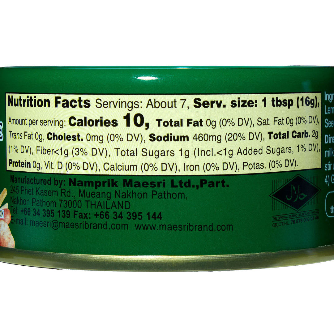 A tin of Maesri Thai Green Curry Paste with the nutrition facts.