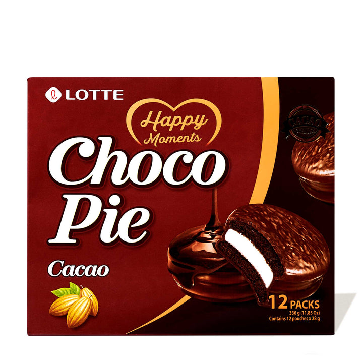 A box of Lotte Choco Pie: Cacao Dark Chocolate (12 pieces) with Lotte filling.