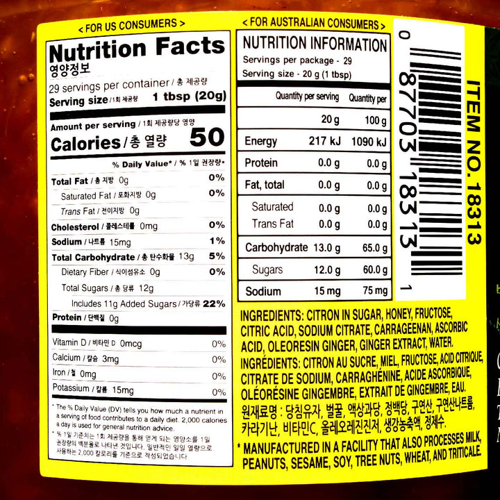A label showing the nutrition facts of Surasang Yujacha Citron Tea with Honey & Ginger.