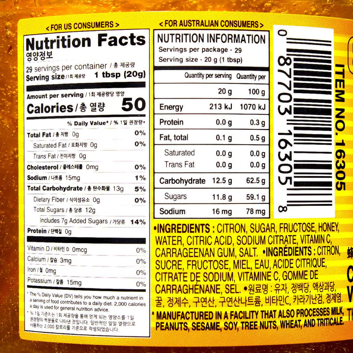 A label showing the nutrition facts of Surasang Yuzu Citron Tea with Honey beverage.