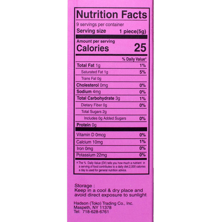 The Toko Boba Chocolates: Taro Milk Tea nutrition facts label on a pink background.